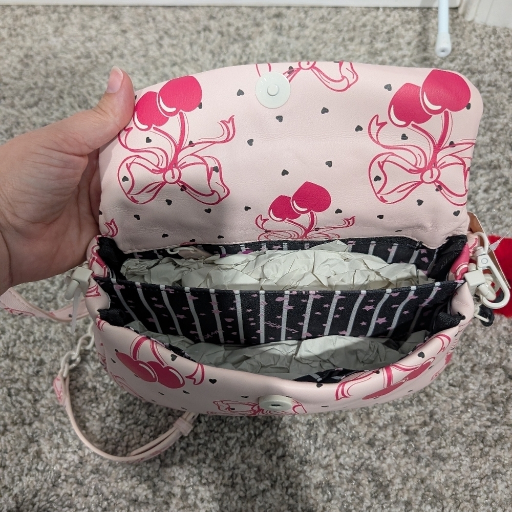 NWT Luv Betsey Pink Bow Cherries Black Hearts Crossbody Purse W/ Cherry Pompoms - Picture 9 of 10